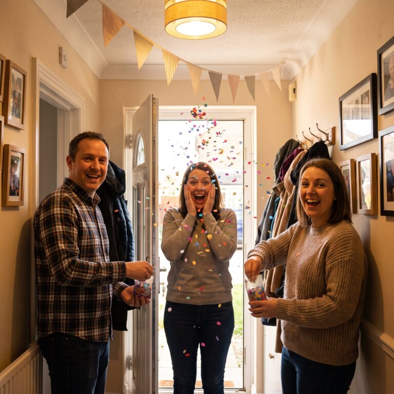 Door opens, confetti